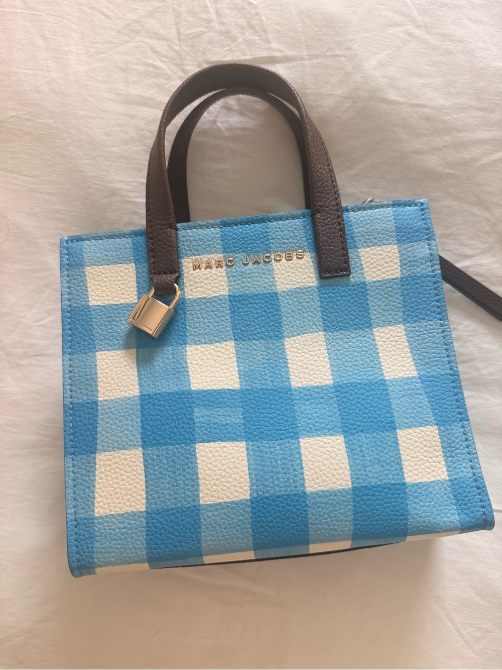Marc Jacobs Blue and Cream Gingham Mini Tote with Brown Handles - Picture 6 of 6